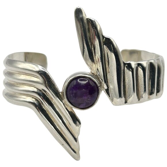 Vintage Modernist Abstract 925 Sterling Silver Amethyst Cuff Bracelet Taxco - Picture 1 of 6